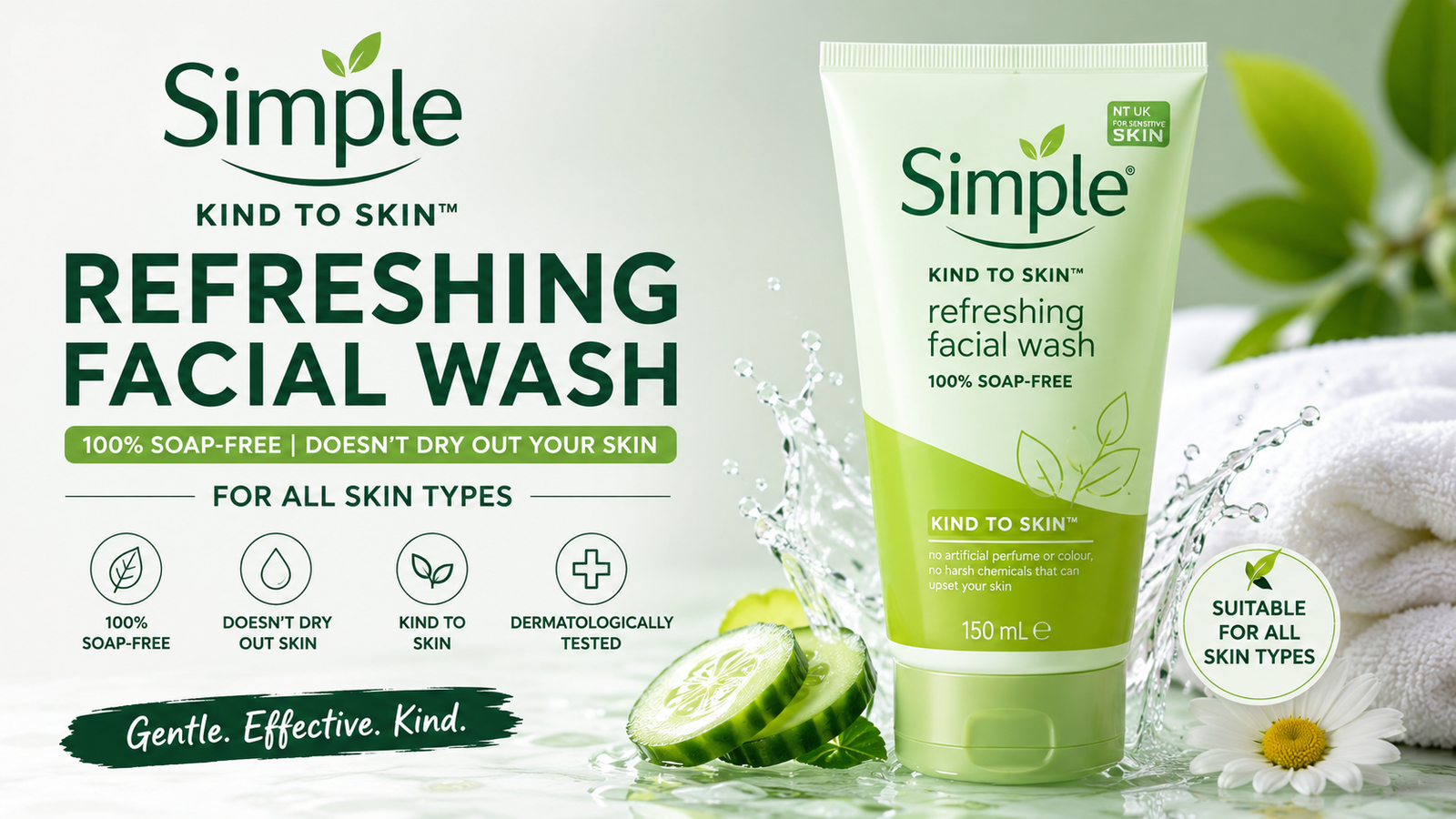 Simple Kind To Skin Refreshing Facial Wash 150ml – gentle soap-free face wash that cleanses, hydrates, and refreshes skin without causing dryness.